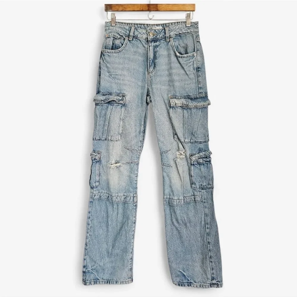 Garage Light Wash Distressed '90s Grunge High Rise Relaxed Fit Cargo Jeans 25
